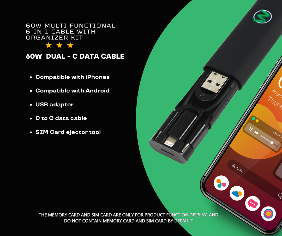 60W Multi Functional 6 in 1 Cable with Organizer kit
